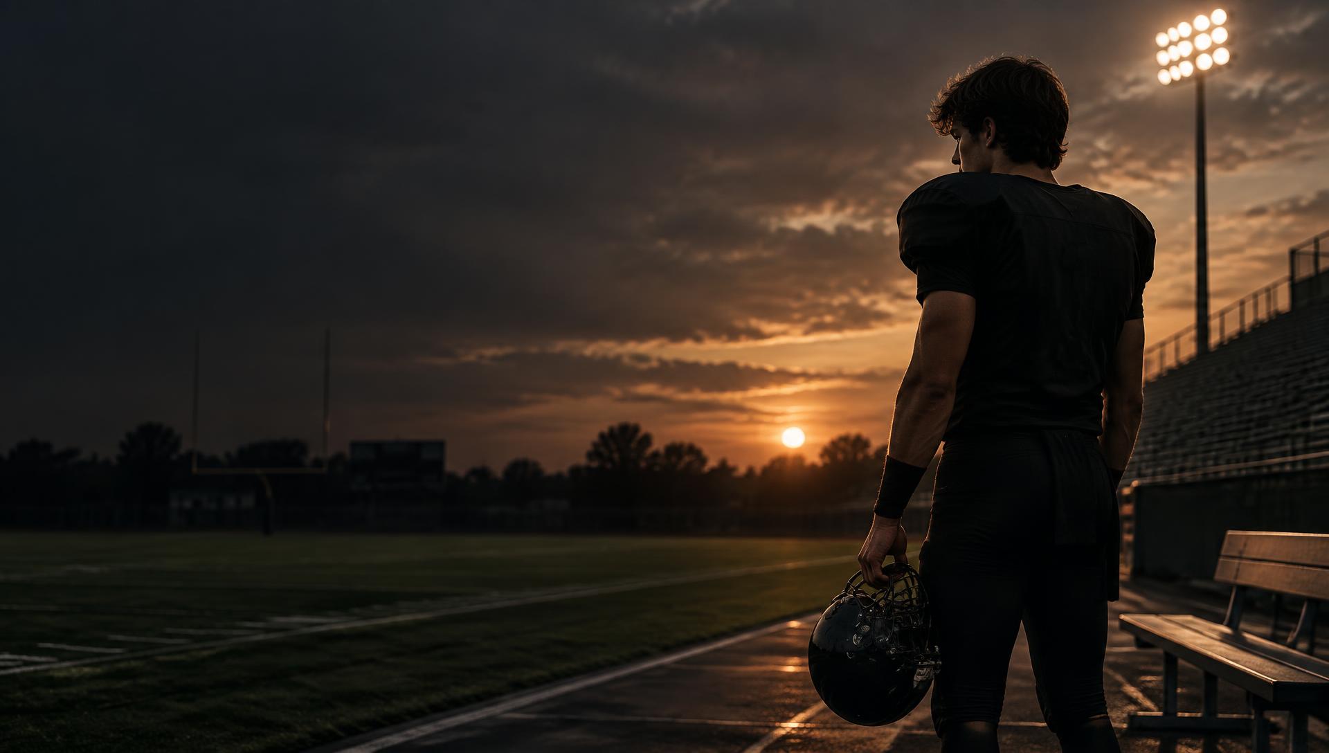 Young football player reflecting on the field after practice